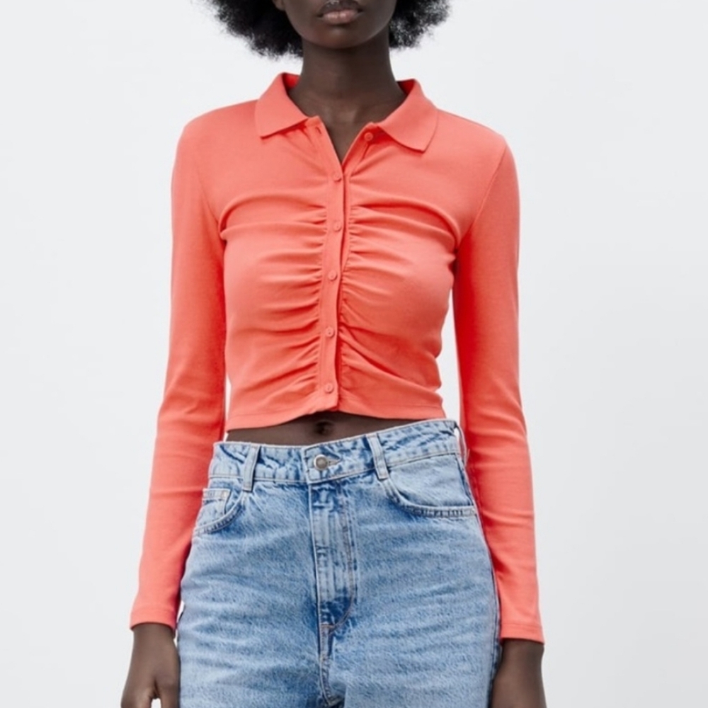 Zara Coral Button-Up Ruched Long Sleeve Cropped Polo Shirt Size Large